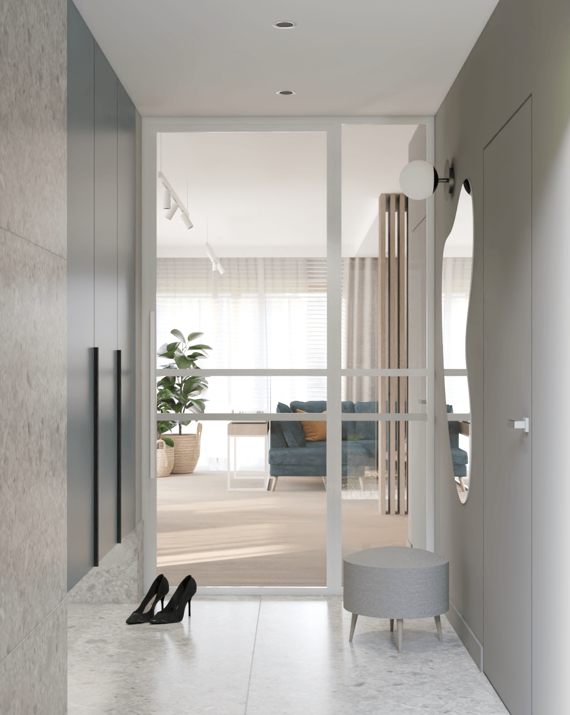 białe metalowe drzwi z przeszkleniem w wiatrołapie