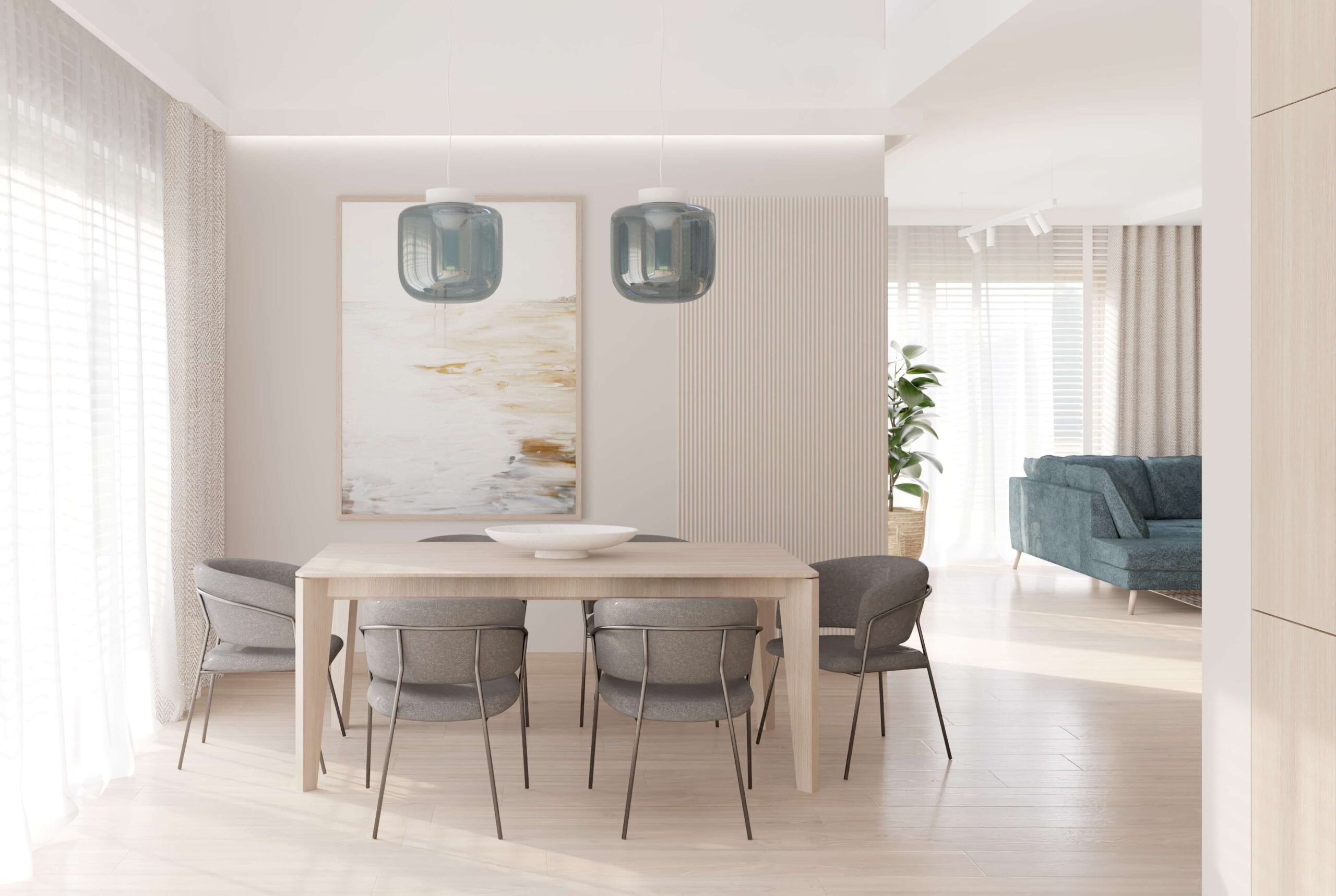 jasna jadalnia z drewnianym stołem