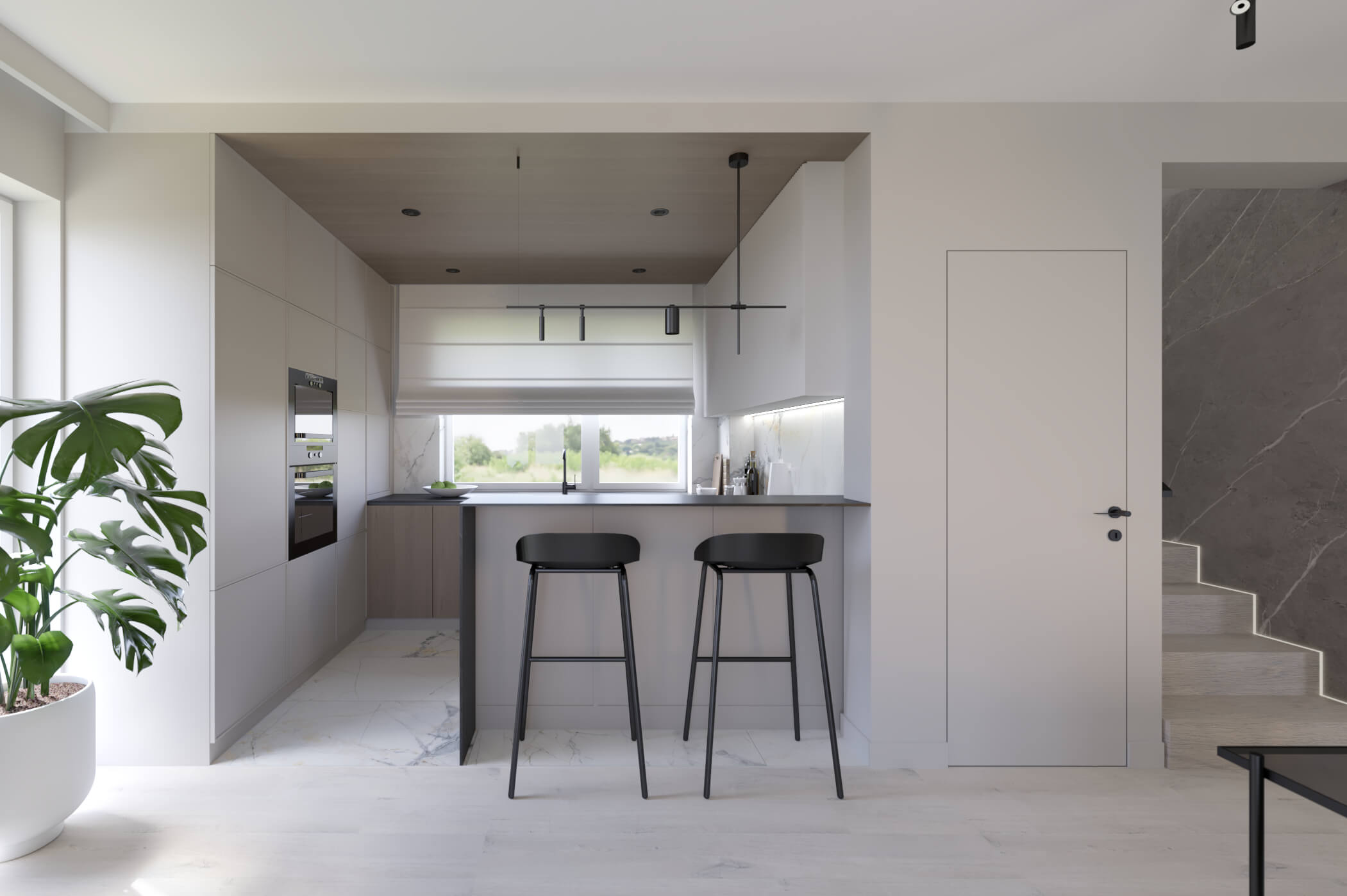 projekt wnętrza jasnej kuchni z półwyspem