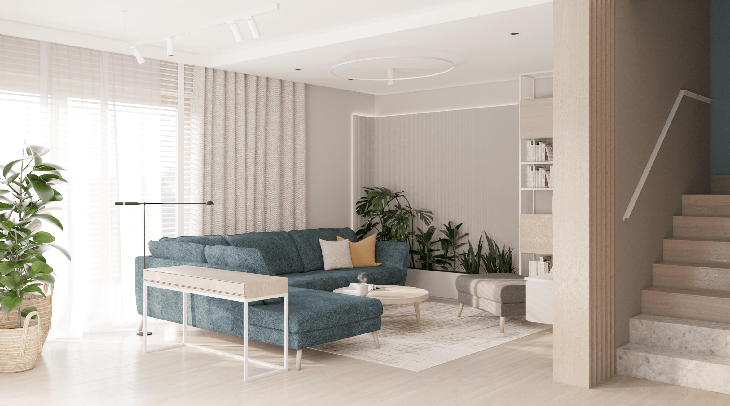 jasny salon z donicami na rośliny