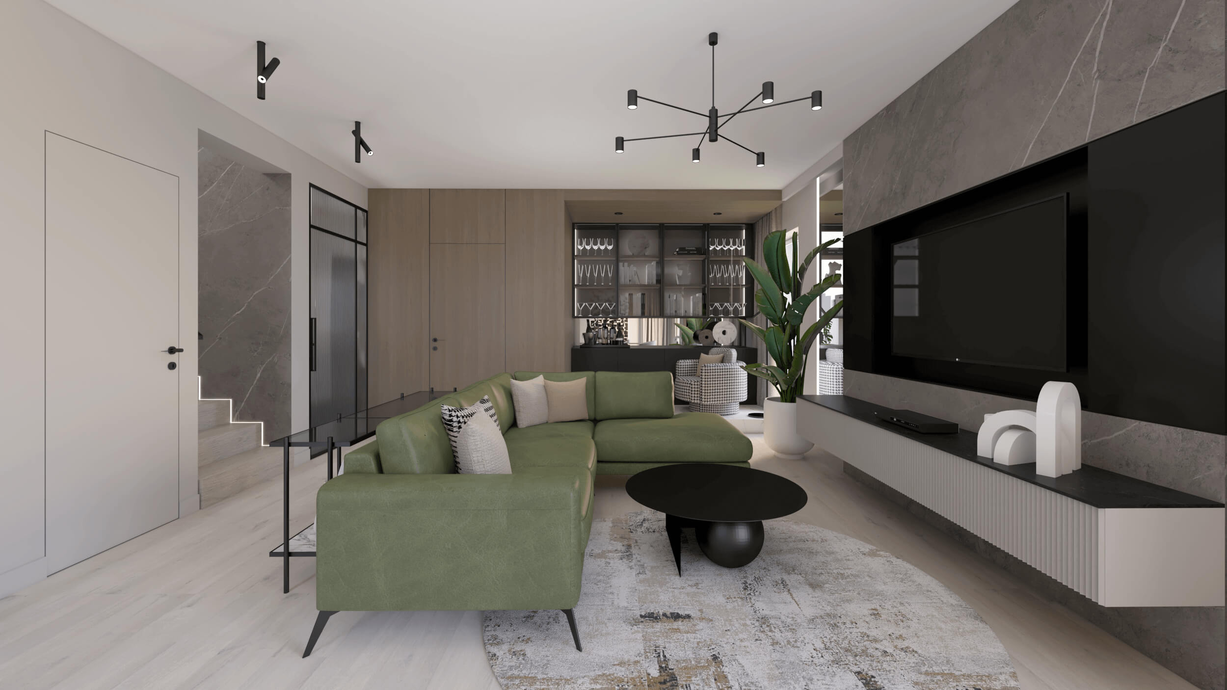 nowoczesny salon i narożnik na wysokich nóżkach