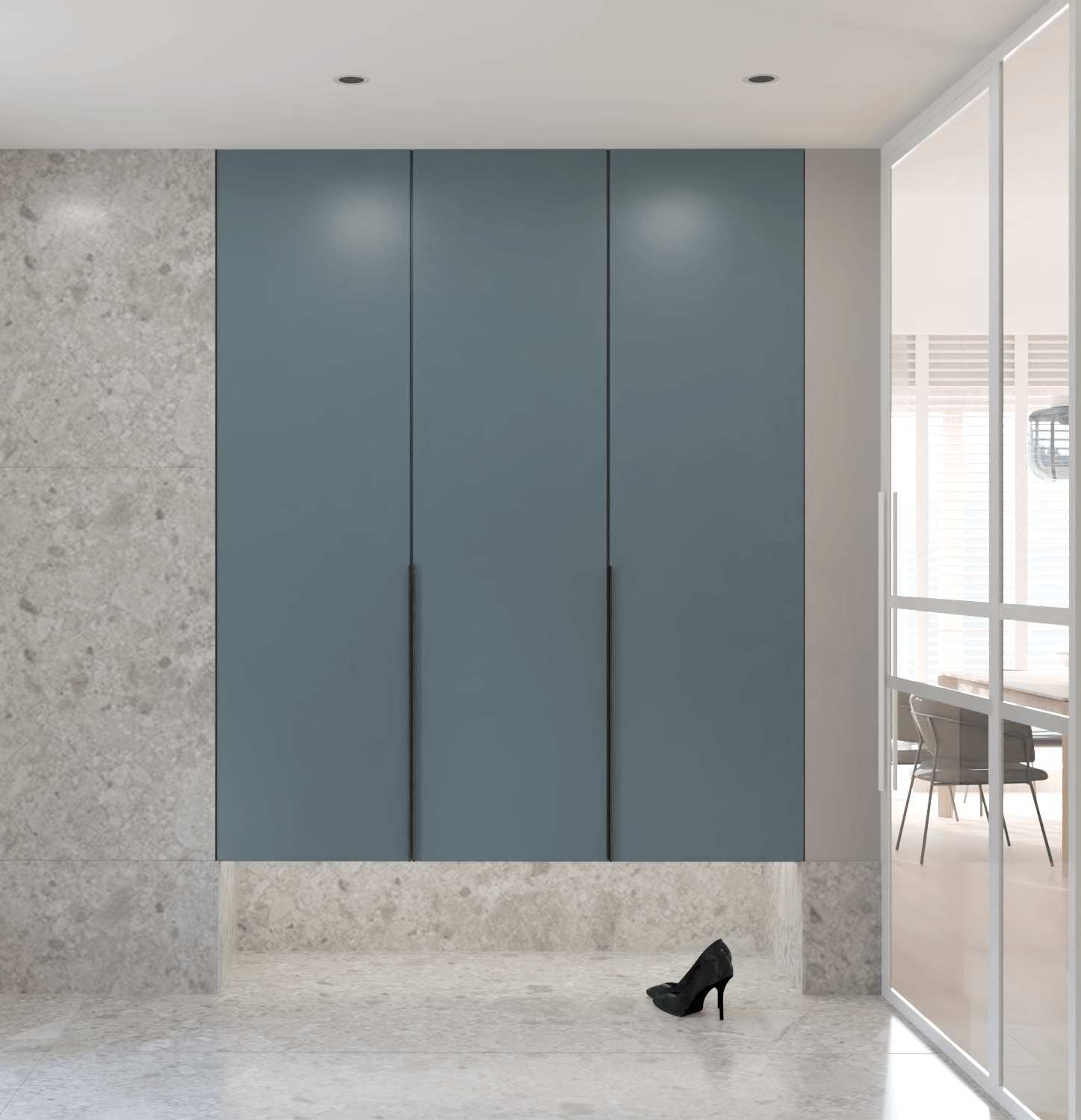 podwieszana niebieska szafa w wiatrołapie