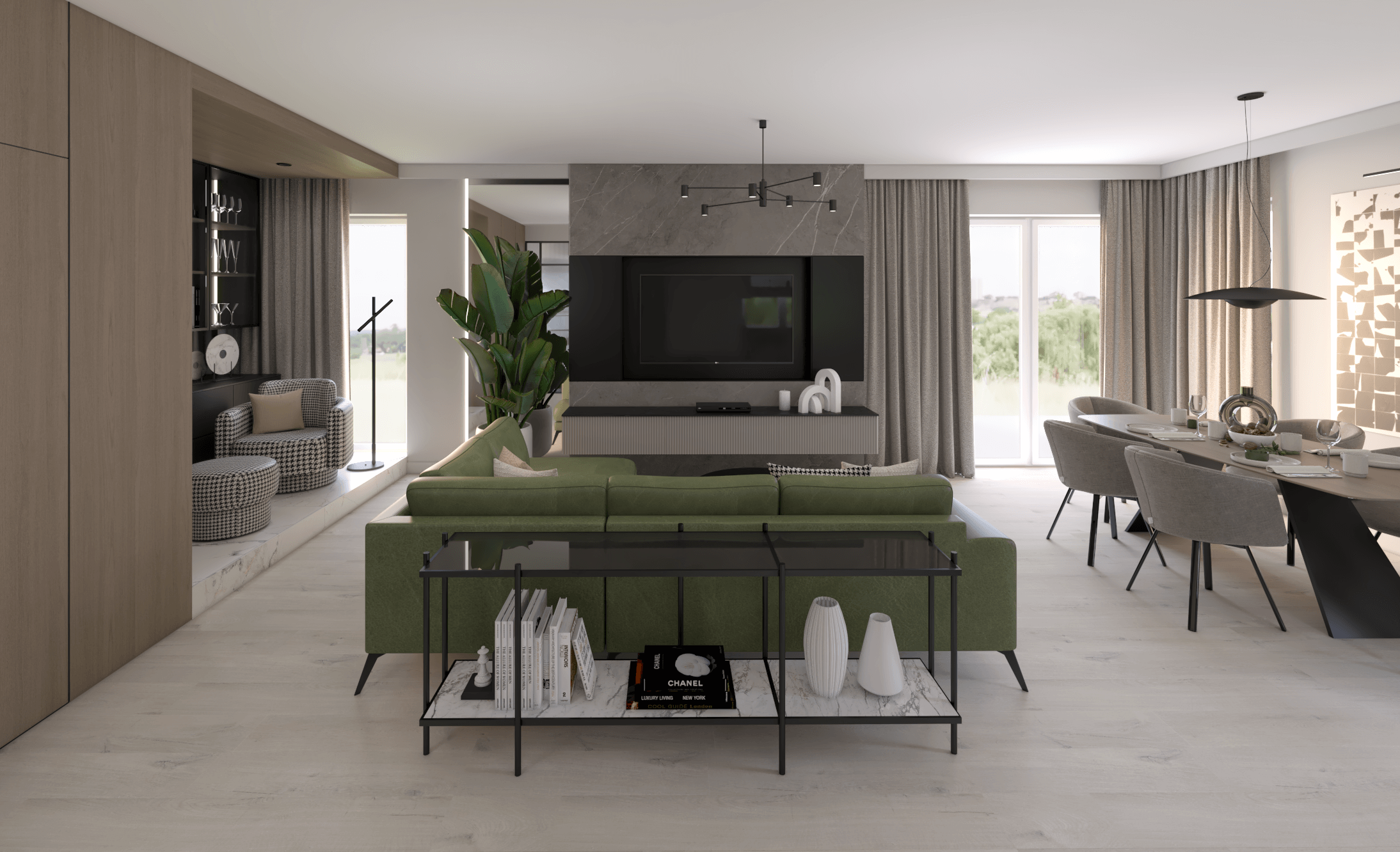 ściana TV w jasnym wnętrzu