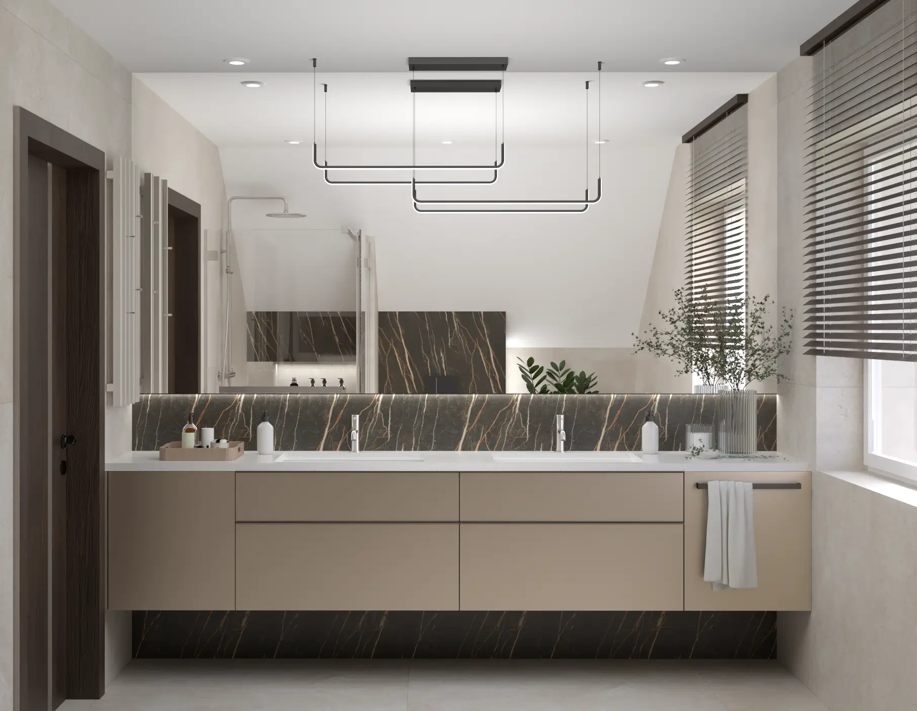 dwie umywalki podblatowe w łazience na poddaszu