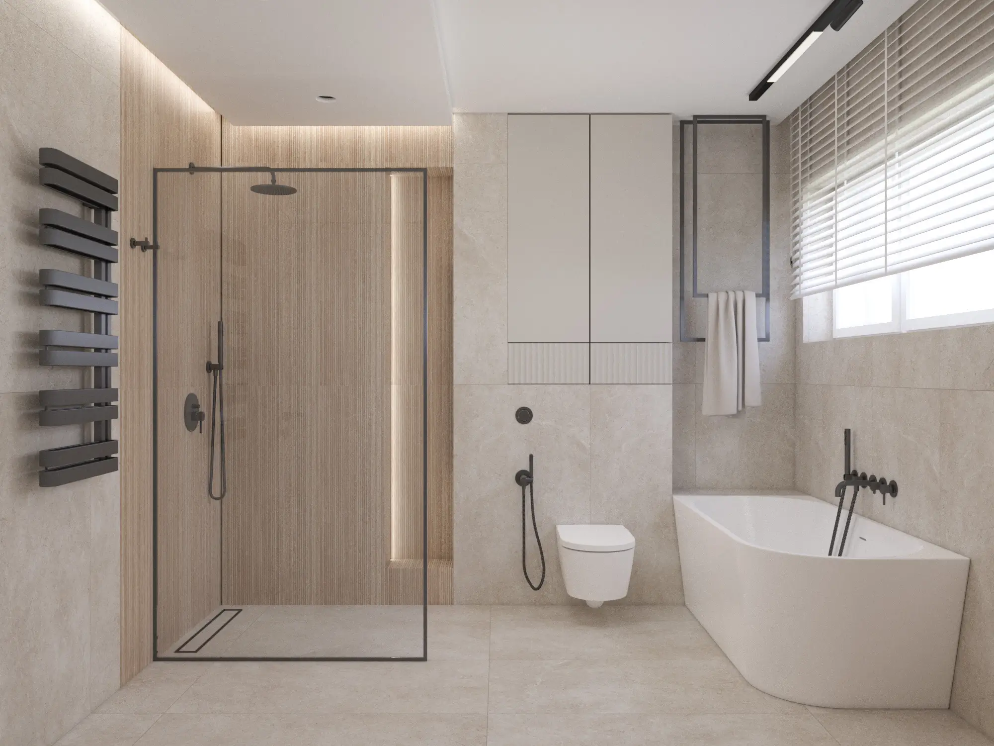 kaszmirowa łazienka z drewnem