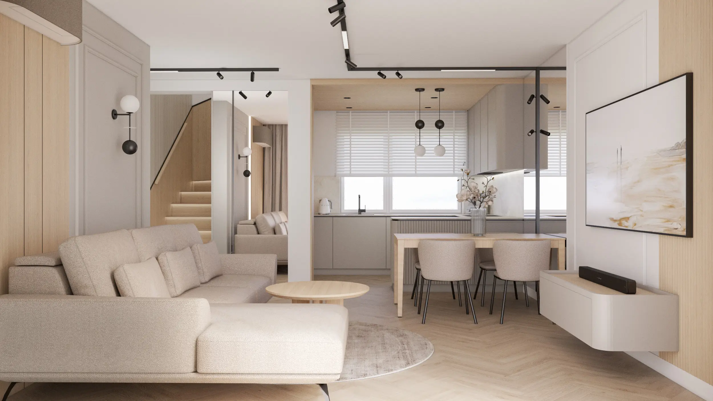 kaszmirowy salon z jasnym drewnem