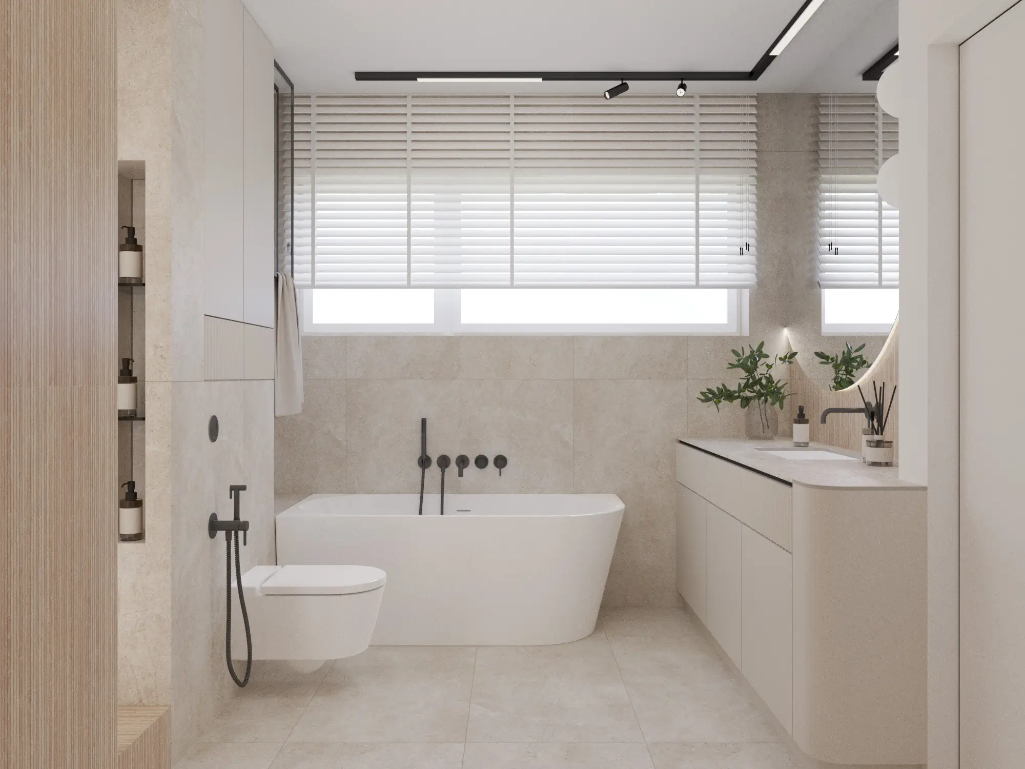 ukryte półki w kaszmirowej łazience