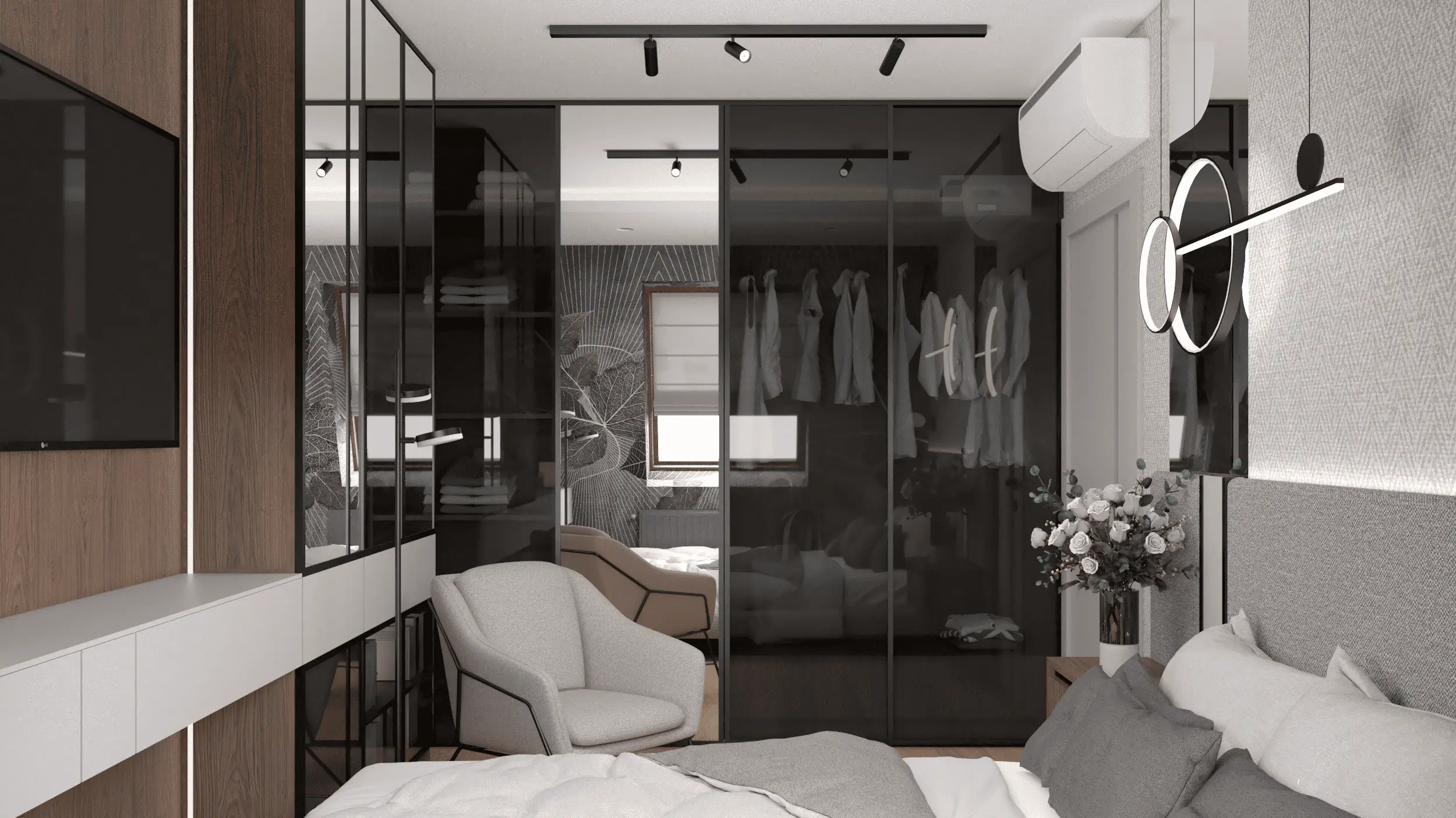 grafitowe szkło na frontach garderoby